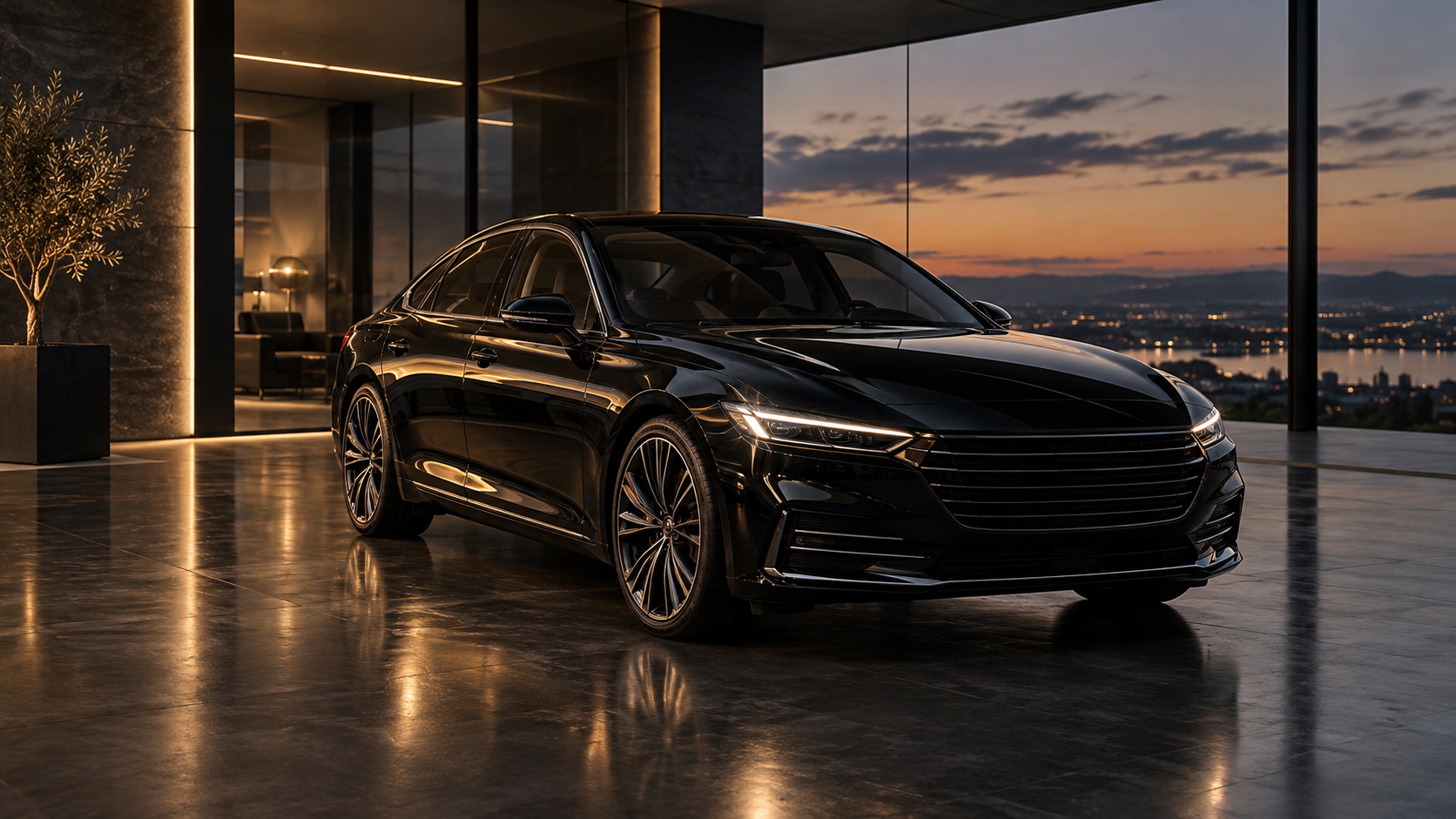 Schwarze Premium-Limousine in einem modernen Ausstellungsraum